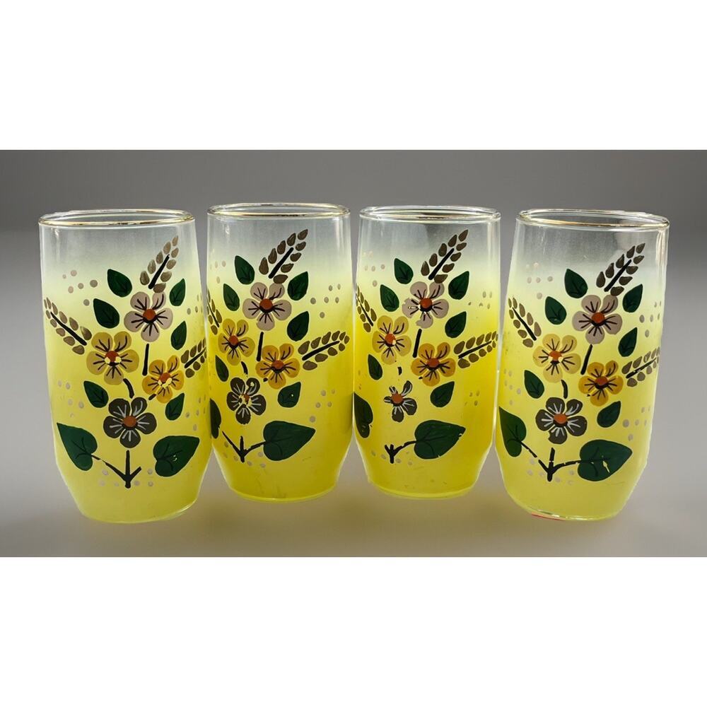 VTG 4 Hand Painted Floral Yellow Blendo Tumbler Glasses Gold Rim -BEAUTIFUL!
